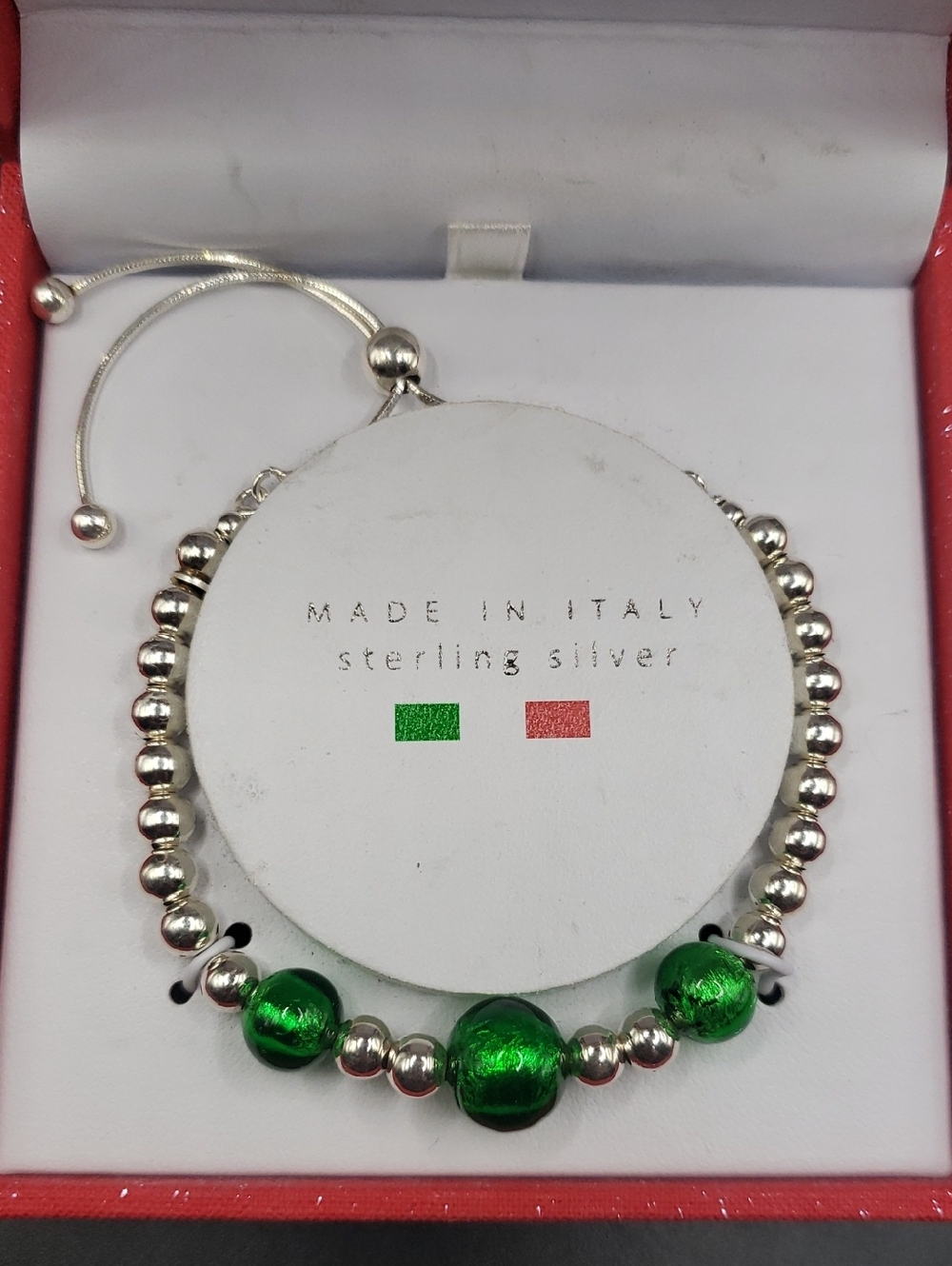 Mia Fiore Italian Sterling Silver Bead Adjustable Bracelet w/ Green Glass Beads